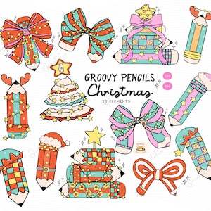 Groovy Christmas School Pencil Clipart: Retro Teacher Design (PNG, EPS)