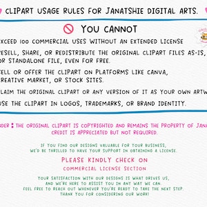 May include: A digital art usage rules graphic with a pink border and text. The text states what is not allowed, including reselling, sharing, or using the clipart in logos. The text also includes a reminder about copyright and a thank you.