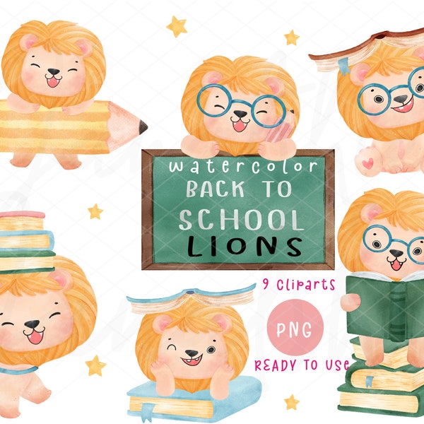 watercolor back to school clipart, student lion animal clipart set,  cute student wildlife animal set, kid sublimation png, nursery image