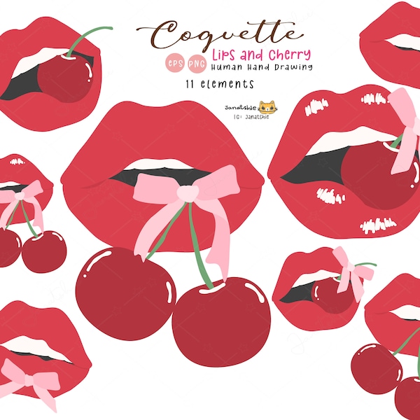 Coquette Red Lip with Cherries Clipart Set, trendy png clip art Hand Drawing, Coquette Aesthetic and modern design.