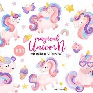 Cute Unicorn watercolor Clipart | Baby Unicorn png Set | Pony Birthday with rainbow PNG | Digital Download