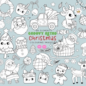 Conjunto de imágenes para colorear de Navidad retro, imágenes prediseñadas PNG, contorno de Papá Noel navideño maravilloso, sello de pincel digital, garabato navideño hippie