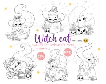 May include: Black and white line art of six witch cats in various poses. One cat reads a book, another sits on a crescent moon, and others are near cauldrons and pumpkins. The text "Witch cat outline for colouring page" is also present.