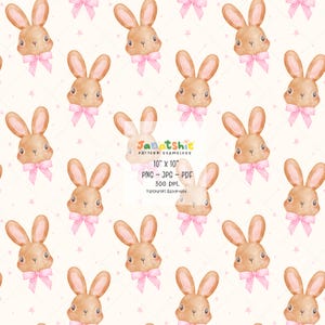Peut inclure: Un motif sans couture représentant un motif répété de lapins bruns avec des nœuds roses sur un fond blanc avec de petites étoiles roses. Le motif mesure 10 pouces sur 10 pouces et est disponible aux formats PNG, JPG et PDF.