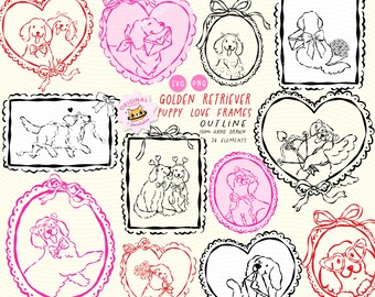 Dog Valentine Frames Golden Retriever Outline Clipart Set: Whimsical Coquette Hand drawn (SVG PNG)