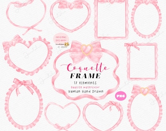 Pink Coquette Frame and Bow Watercolor Clipart PNG Set, Decoration Graphic Hand Painted