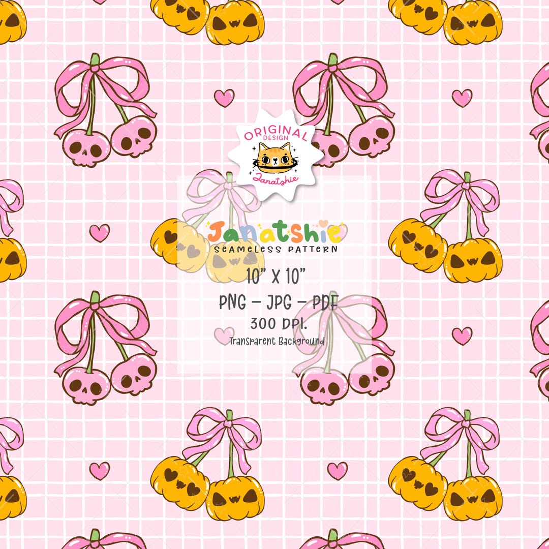 Coquette Halloween Seamless Pattern: Retro Pumpkin Skull Cherries (PNG ...