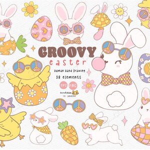 Groovy Retro Easter PNG, Disco spring Bunny png, Groovy easter  png,  Groovy Chick png cartoon doodle set.