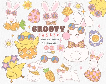Retro Easter PNG Clipart: Groovy Bunny, Chick, and Daisies (Digital Download, 38 Files)