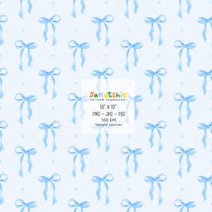 May include: A seamless pattern featuring light blue watercolor bows on a light blue background with white polka dots. The pattern is 10 inches by 10 inches and is available in PNG, JPG, and PDF formats. The background is transparent.