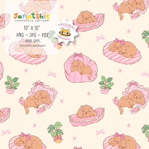 Puede incluir: Un patrón sin costuras con perros de dibujos animados durmiendo sobre almohadas y camas rosas. El diseño incluye pequeñas plantas en macetas, lazos y estrellas sobre un fondo crema. El patrón mide 25,4 cm x 25,4 cm y está disponible en formatos PNG, JPG y PDF.