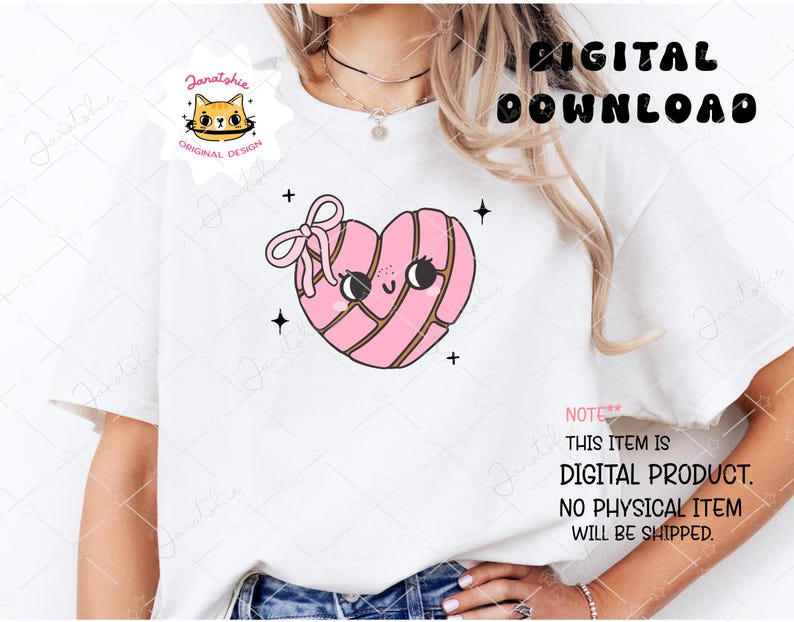 K&ouml;nnte beinhalten: Ein wei&szlig;es T-Shirt mit einem rosafarbenen herzf&ouml;rmigen Geb&auml;ckdesign. Das Geb&auml;ck hat ein s&uuml;&szlig;es Gesicht und ist mit rosa Streifen verziert. Der Text "NOTE** THIS ITEM IS DIGITAL PRODUCT. NO PHYSICAL ITEM WILL BE SHIPPED." ist auf das T-Shirt gedruckt.