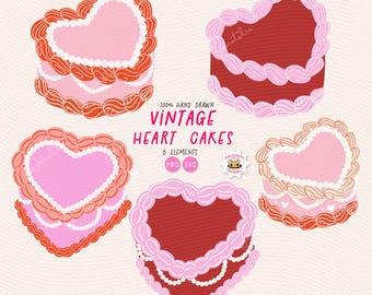 Vintage Heart Cake Clipart: Retro Valentine PNG SVG (Digital Download)