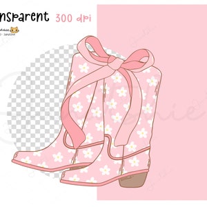 May include: Pink cowboy boots with a white daisy print and a large pink bow. The boots have a brown heel and a pointed toe.