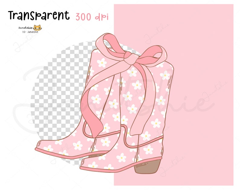 May include: Pink cowboy boots with a white daisy print and a large pink bow. The boots have a brown heel and a pointed toe.