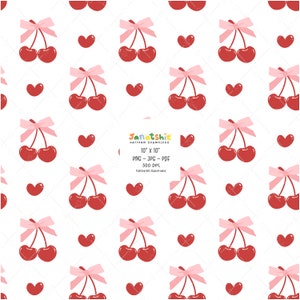 ピンクのリボンが付いたコケット パターンのシームレスなチェリー PNG JPG PDF、印刷可能な繰り返しデジタル ペーパーの背景。