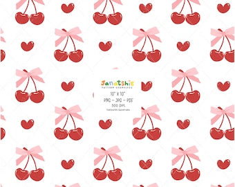 Retro Cherry Seamless Pattern: Y2K Coquette Pink Bow Digital Paper (PNG, PDF, JPG)