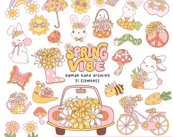 Retro Spring PNG Clipart: Groovy Easter Bunny, Rainbow Graphics (Digital Download)