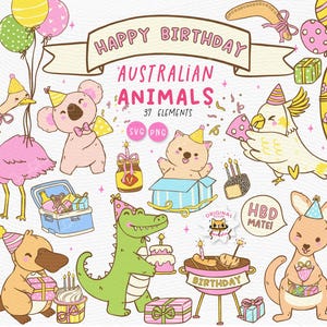Niedliche Australische Geburtstagsparty Tiere Clipart | Pastell Handgezeichnete Cartoon-Gekritzel | Koala, Känguru, Wombat & Aussie Friends | PNG SVG-Set.