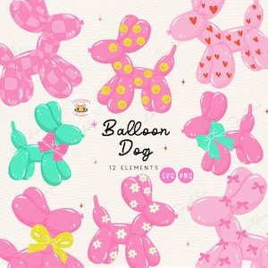 Groovy Balloon Dog SVG Retro Pink Balloons with Coquette Bow PNG clipart for Shirt & Funky Modern Wall Art Digital Print Trendy Aesthetic