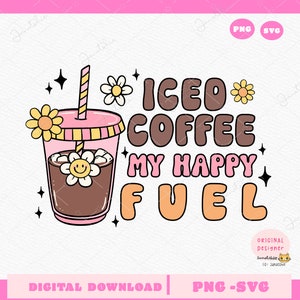 Café glacé, citation de l'ère girly SVG Café glacé rétro Happy Daisy, ambiance positive tendance, amateur de café glacé, dessin à la main pour t-shirt, autocollant