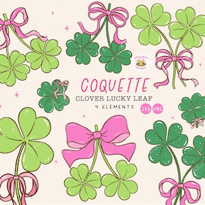 San Patricio retro coqueto SVG, trébol de 4 hojas con lazo rosa, trébol de la suerte PNG, clipart de contorno de chica afortunada pastel