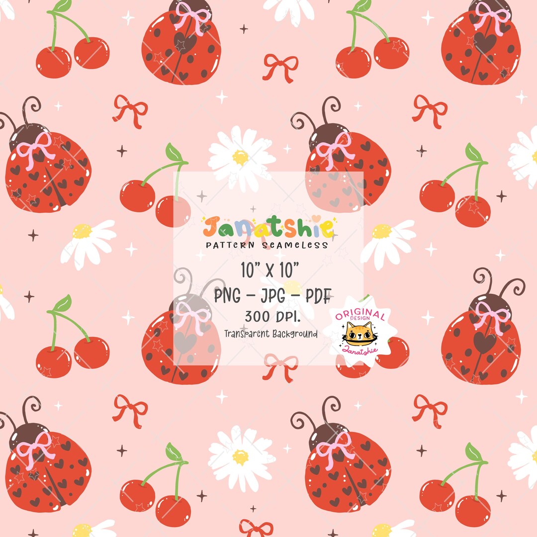Coquette Ladybug Seamless Pattern: Girly Cottagecore Digital Paper (PNG ...