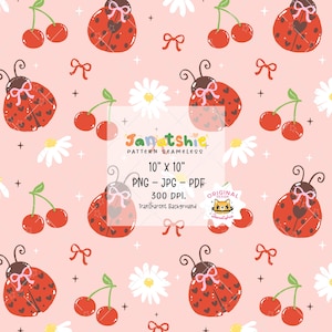 Coquette Primavera Coccinella Modello Senza Cuciture Coccinella Carina Femminile con Fiocco Sfondo Ripetuto Cottage Carta da Parati Carta Digitale PNG JPG PDF