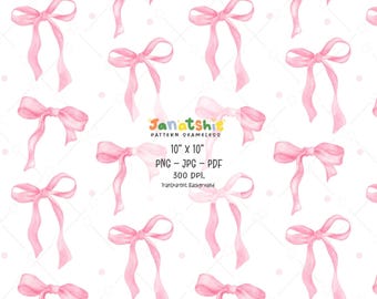 Coquette Pink Ribbon Bow Watercolor Pattern: Seamless Preppy Digital Paper (PNG, JPG, PDF)