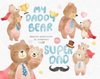 Clipart de oso del Día del Padre: Conjunto PNG de acuarela de papá y bebé