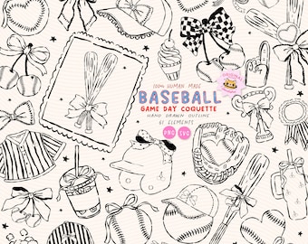 Preppy Coquette Baseball Girly Game Day Outline Clipart, Whimsical Lined Hand Drawn SVG