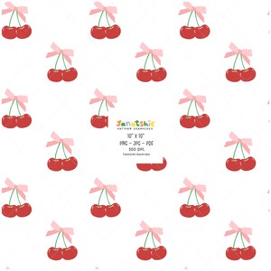 コケット パターン シームレス、かわいいチェリー ピンクのリボン PNG JPG PDF、印刷可能な繰り返しデジタル ペーパーの背景。