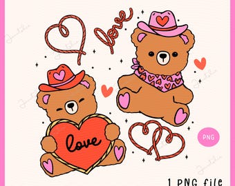 Retro Cowboy Teddy Bear Valentine Clipart: Groovy Cowgirl PNG (Digital Download
