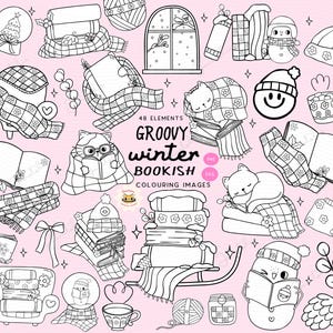 Imagens para colorir de contorno de livros de inverno Groovy PNG Clipart retrô aconchegante de leitura de inverno Fofo amante de livros feminino Desenho animado Doodle Pacote desenhado à mão