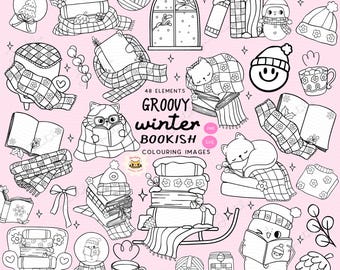 Cozy Groovy Winter Bookish Coloring Images: Retro Cartoon Doodle PNG SVG Bundle