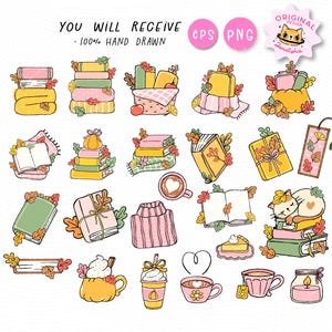 Fall Bookish PNG,  Autumn Reading Clipart, Fall Reading png, Autumn Bookish, Whimsical Cozy Reading Aesthetic Hand Drawn Cartoon Clipart Set.  Get cozy with this Fall Bookish PNG Clipart Set, a warm and whimsical collection of autumn reading-themed illustrations perfect for all your seasonal projects. Featuring books, fall leaves, cozy sweaters, hot drinks, candles, pumpkins, Cat and more, these hand-drawn doodles capture the heart of a book lover’s favorite season.