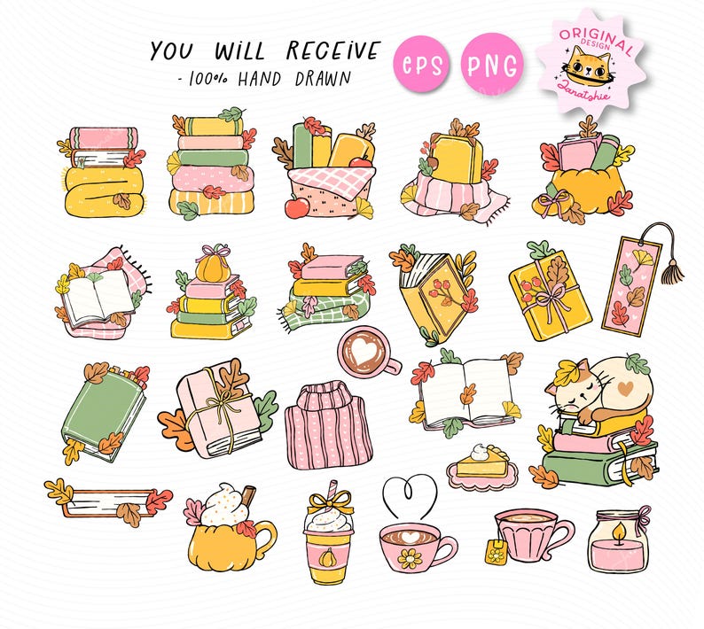 Fall Bookish PNG,  Autumn Reading Clipart, Fall Reading png, Autumn Bookish, Whimsical Cozy Reading Aesthetic Hand Drawn Cartoon Clipart Set.  Get cozy with this Fall Bookish PNG Clipart Set, a warm and whimsical collection of autumn reading-themed illustrations perfect for all your seasonal projects. Featuring books, fall leaves, cozy sweaters, hot drinks, candles, pumpkins, Cat and more, these hand-drawn doodles capture the heart of a book lover’s favorite season.