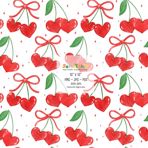 Coquette Cherry Heart Seamless Pattern: Watercolor