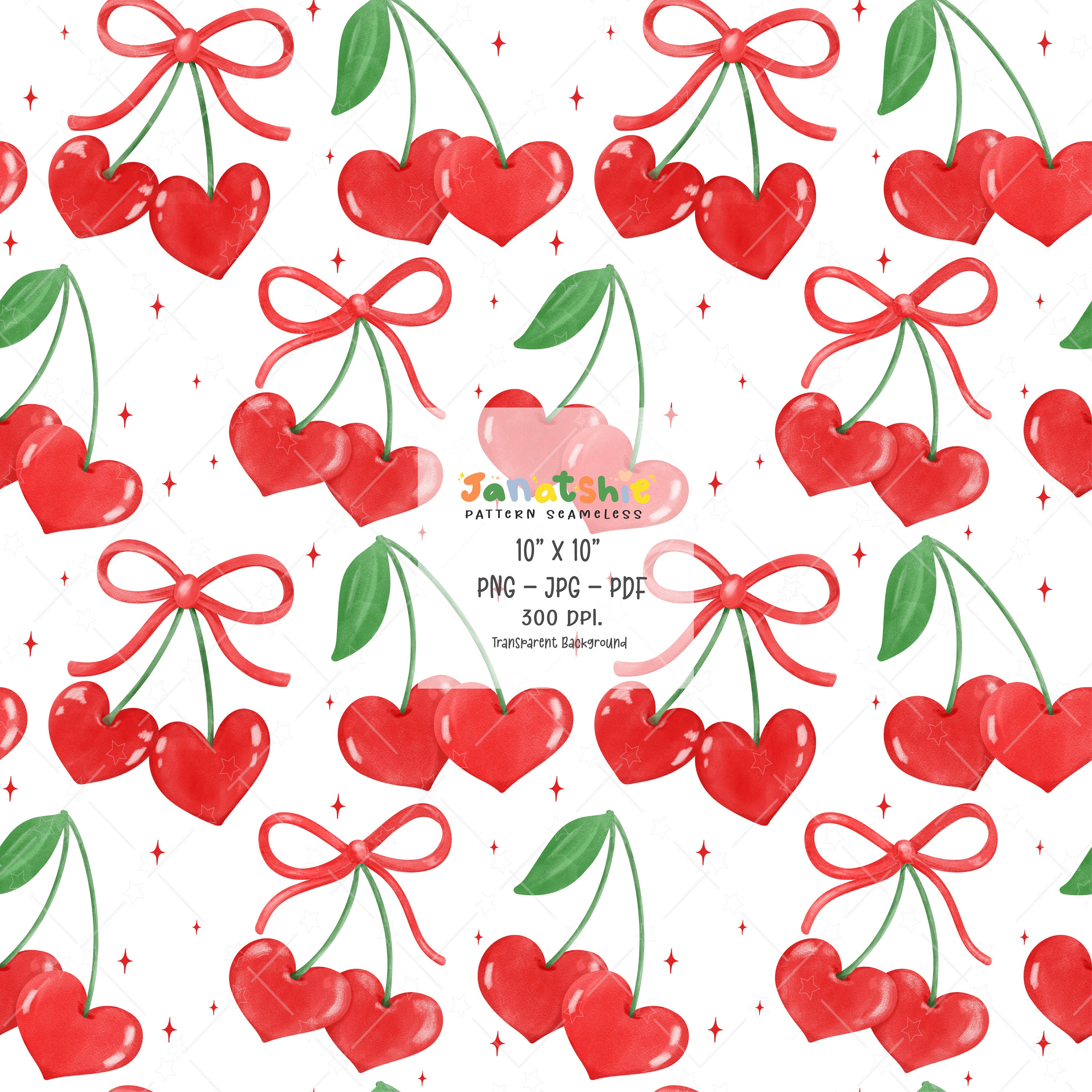 Coquette Cherry Seamless Pattern Watercolor, Cherries Heart