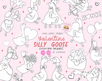 Silly Goose Valentine Outline Clipart: Coquette Geese Doodle Set (PNG EPS)
