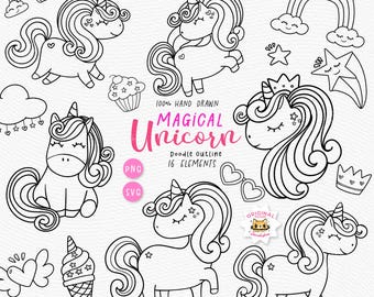 Clipart de contorno de unicornio / Arte lineal de poni kawaii (SVG, PNG)