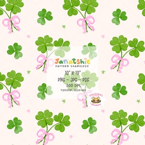 Retro Coquette St Patrick Seamless Pattern, Girly Irish Lucky Clover with bow Watercolor, Shamrock trendy patterns Digital Wallpaper