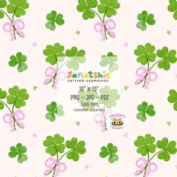 Retro Coquette St Patrick Seamless Pattern, Girly Irish Lucky Clover with bow Watercolor, Shamrock trendy patterns Digital Wallpaper