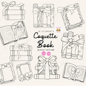 Coquette Book Outline Clipart: Girly Ribbon Bow Bookish Line art Hand-Drawn Doodle (SVG, PNG)
