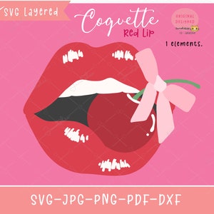コケット リップ チェリー svg クリップアート トレンディな赤い唇とコケット ピンクのリボン デザイン png。