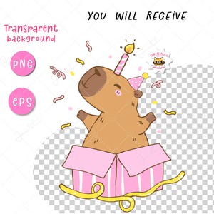 Birthday Capybara PNG | EPS Clipart Set | Cute Party Animal Cartoon Doodle | Capybara with Hat, Balloon, Cake | Printable Sublimation Design.

Bring the birthday cheer with this adorable Capybara Party Clipart Set! Featuring a lovable capybara in festive poses—wearing a party hat, holding balloons, cake, and more—this playful hand-drawn cartoon doodle set is perfect for invitations, stickers, shirts, cards, and sublimation projects.