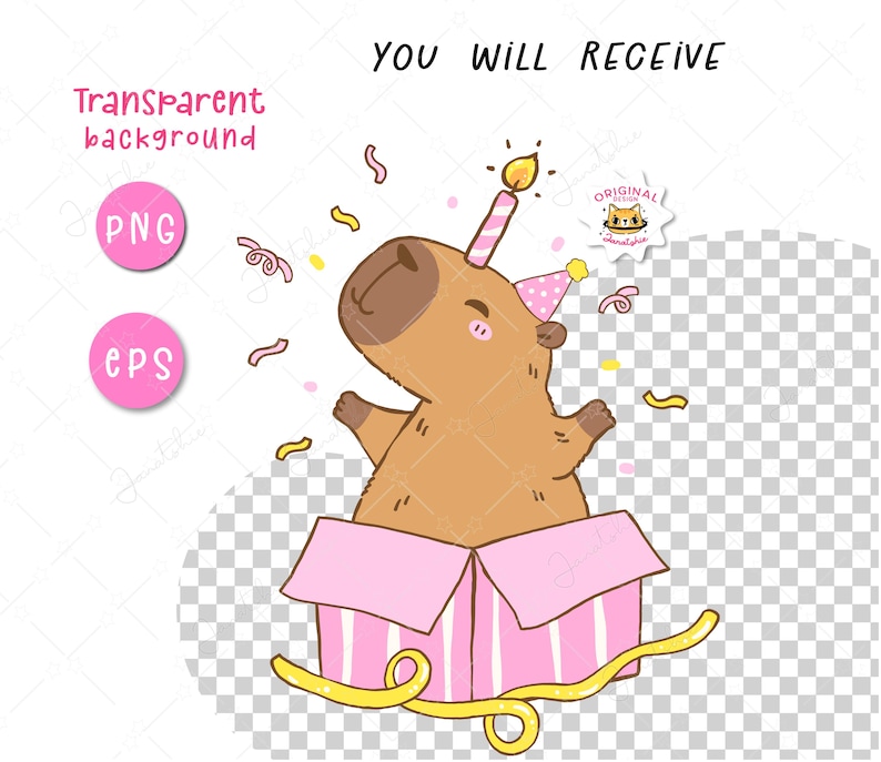 Birthday Capybara PNG | EPS Clipart Set | Cute Party Animal Cartoon Doodle | Capybara with Hat, Balloon, Cake | Printable Sublimation Design.

Bring the birthday cheer with this adorable Capybara Party Clipart Set! Featuring a lovable capybara in festive poses—wearing a party hat, holding balloons, cake, and more—this playful hand-drawn cartoon doodle set is perfect for invitations, stickers, shirts, cards, and sublimation projects.