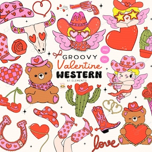 Clipart de San Valentín retro occidental, clipart de San Valentín de vaquera groovy, clipart de Cupido vaquero, clipart de paquete de líneas en negrita dibujadas a mano con dibujos animados lindos