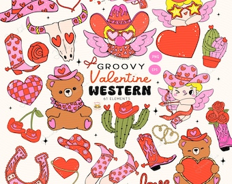 Retro Western Valentine Hand Drawn Clipart Set: Groovy Girly Cowboy Cupid Doodle (PNG EPS)
