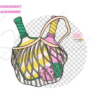 May include: A yellow and pink striped tote bag with a green and yellow bottle, a pink bottle, and two green and pink balls inside. The bag has a black handle and is on a transparent background.